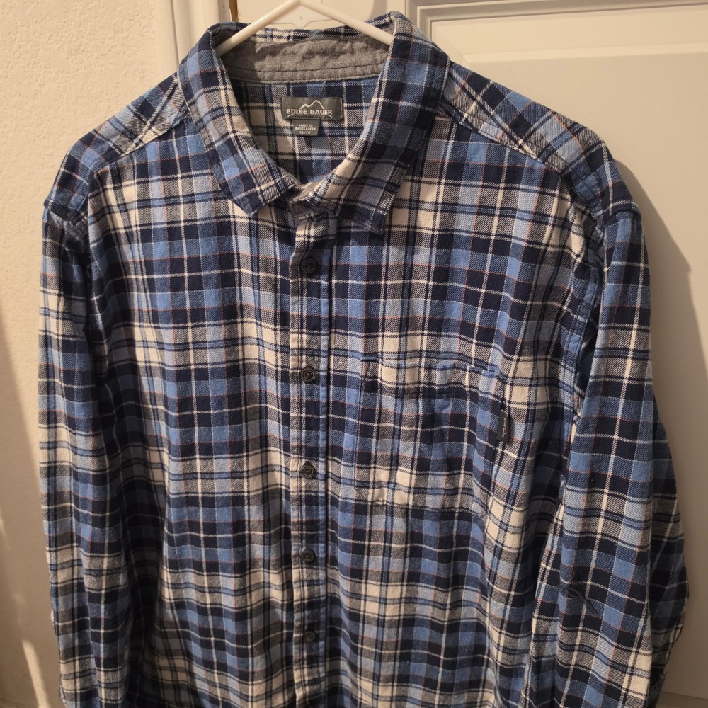 Eddie Bauer Mens XL Blue Plaid Flannel Long Sleeve Button Down Shirt